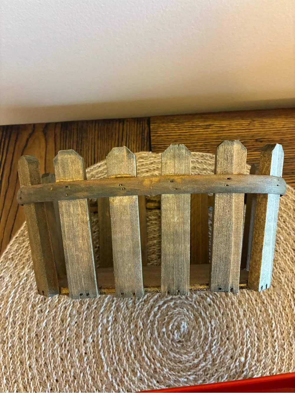 Decor Orange/Red Metal Wheelbarrow & Wooden Picket Fence Basket